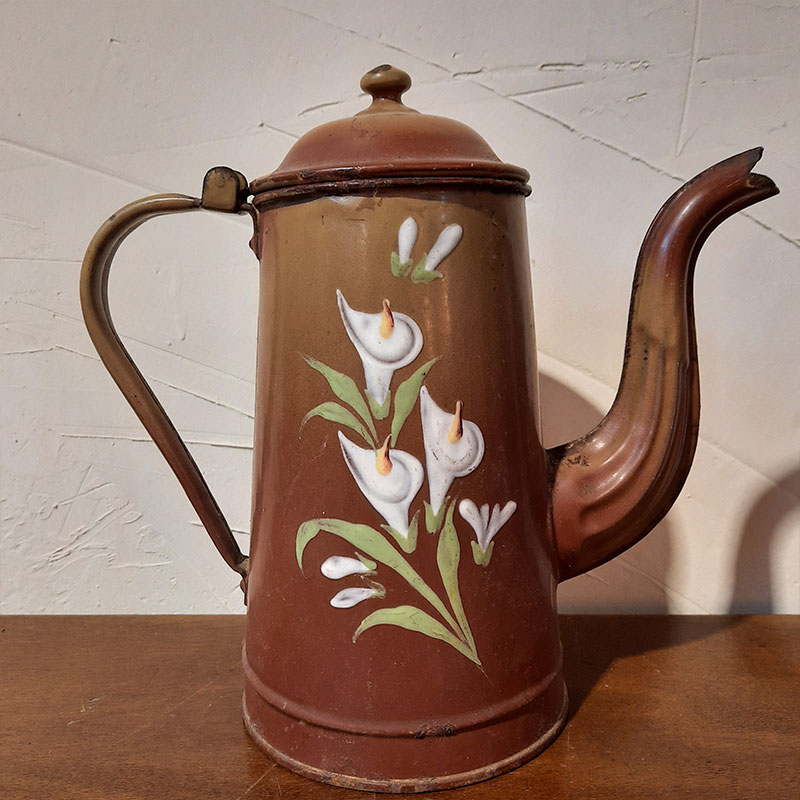 brocante marc doumenc saint girons cafetiere ancienne marron emaillee fleurie